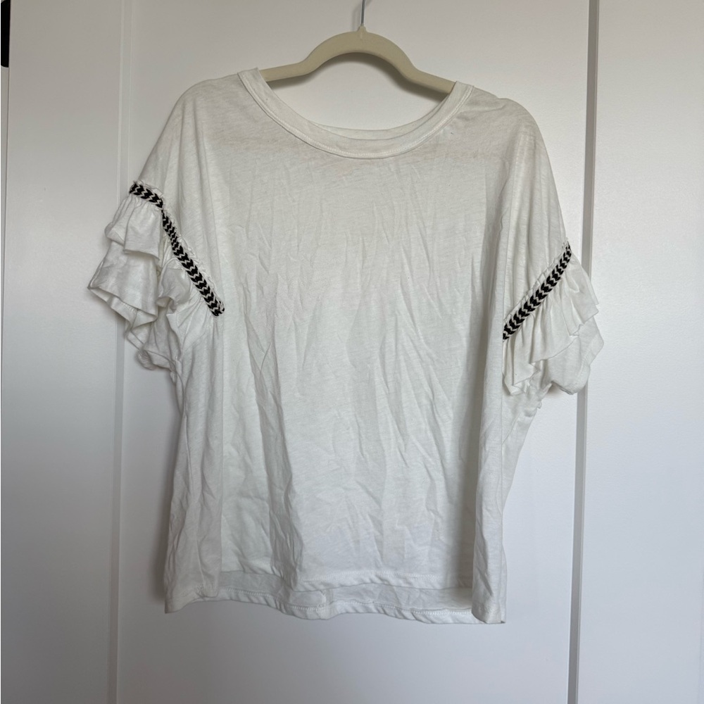Women’s White Ruffle Sleeve Tee with Black Trim